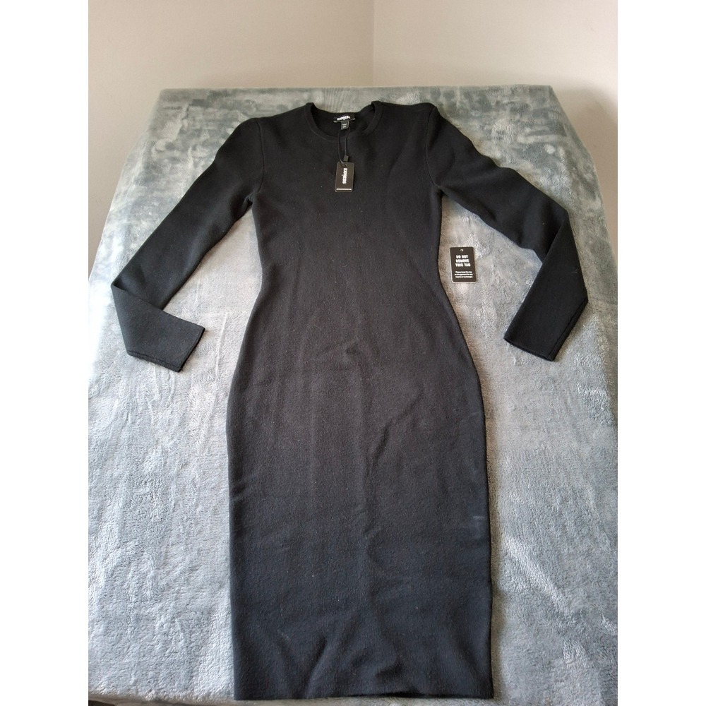 Express Women Black Long Sleeve Knit Bodycon Midi Sweater Dress XXS New